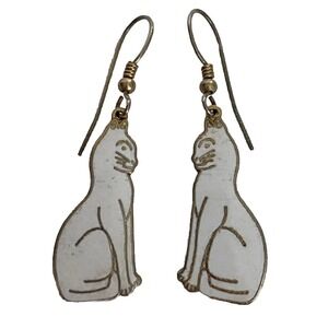 Vintage Meow White Enamel Cat Gold Tone Drop Dangle Earrings 1" Signed